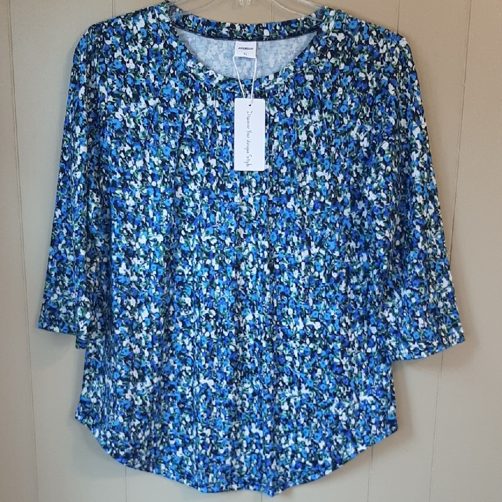 XIEERDUO Women's XL Dark Blue Blouse With Light Blue White Floral